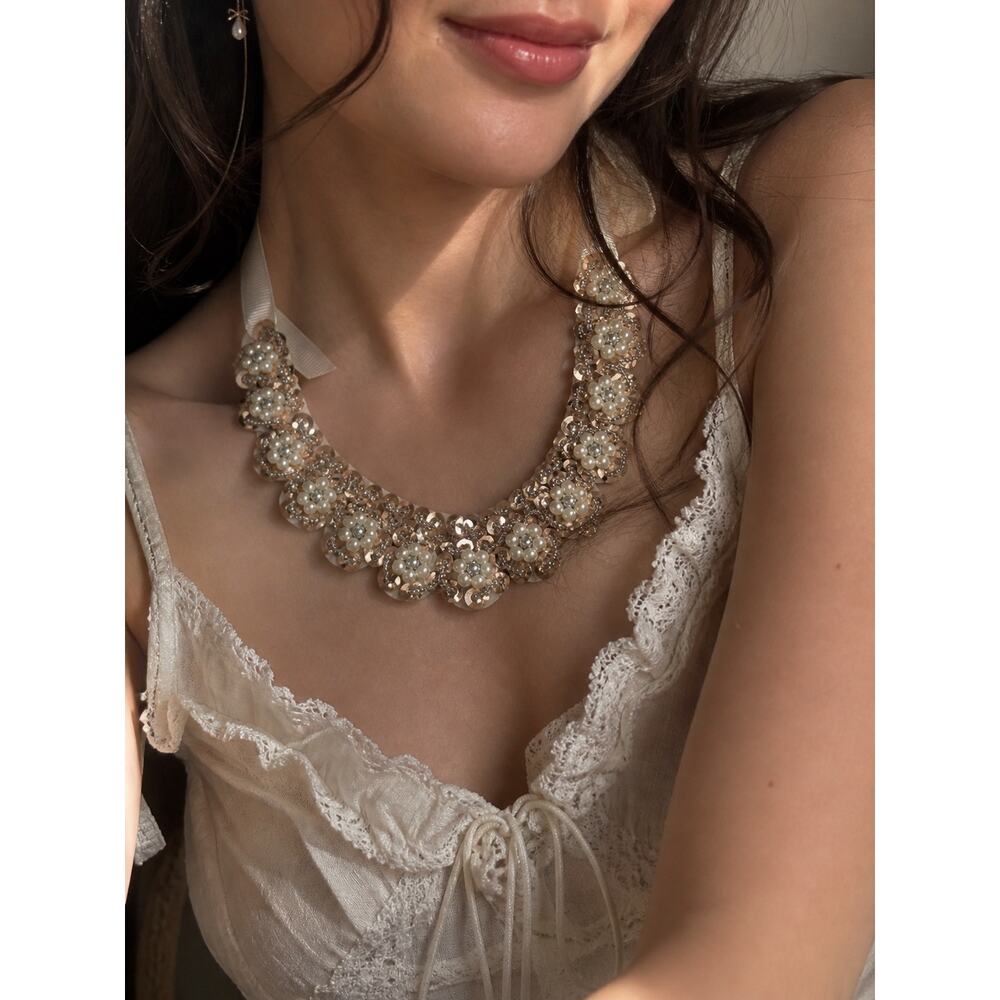Coquette Pearl Sequin Collar Necklace Ribbon Tie Bridal Romantic Statement